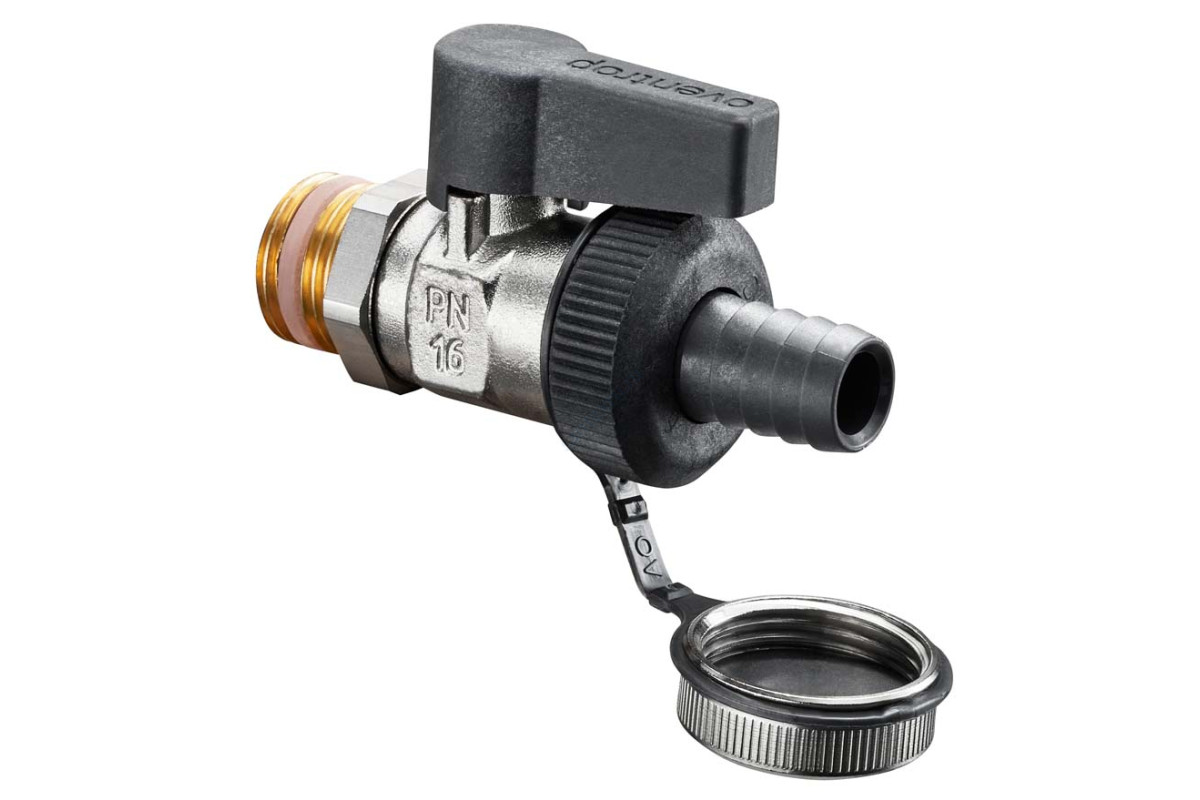 Кран шаровой латунь сливной Optibal KFE никель Ду 10 Ру16 НР/штуц G3/8" флажок со штуцером, для котлов Oventrop 1033351