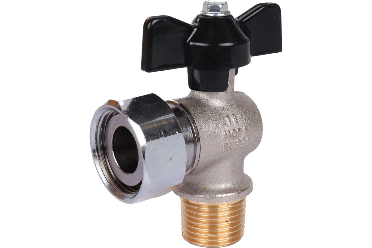 STOUT Кран шаровой с накидной гайкой угловой, НР/накидная гайка, ручка бабочка 1/2x3/4