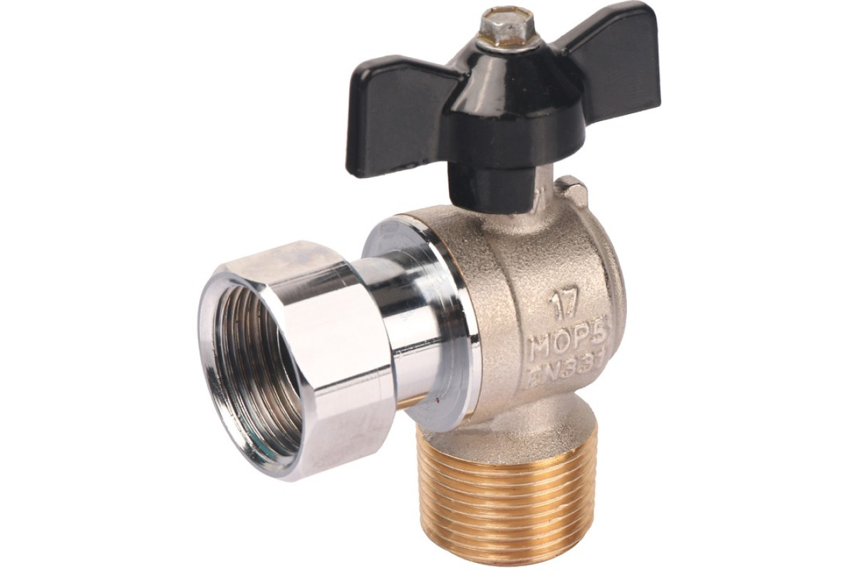 STOUT Кран шаровой с накидной гайкой угловой, НР/накидная гайка, ручка бабочка 3/4x3/4