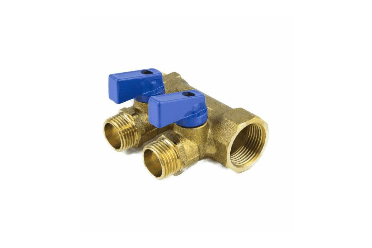 Коллектор латунь 3/4" ВР/НР на 2 вых Дн16 м/о 35мм обжим с шаровыми кранами, синие ручки для мп 7015 Aquasfera 7015-01