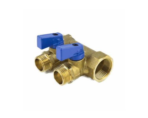 Коллектор латунь 3/4" ВР/НР на 2 вых Дн16 м/о 35мм обжим с шаровыми кранами, синие ручки для мп 7015 Aquasfera 7015-01