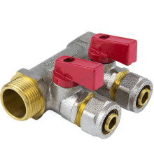 Коллектор латунь 3/4" ВР/НР на 2 вых Дн16 м/о 35мм обжим с шаровыми кранами, красные ручки для мп 7016 Aquasfera 7016-01