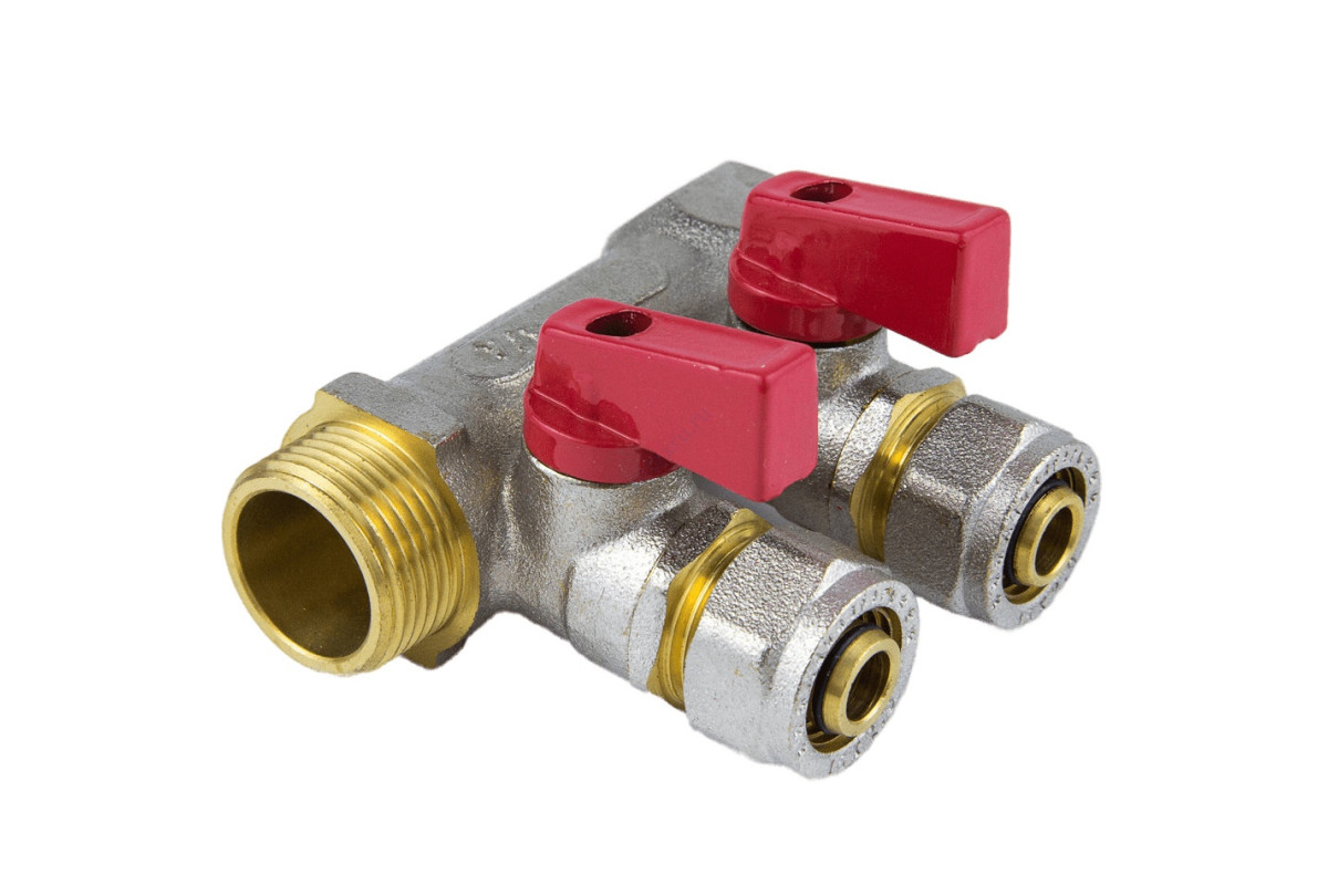 Коллектор латунь 3/4" ВР/НР на 3 вых Дн16 м/о 35мм обжим с шаровыми кранами, красные ручки для мп 7016 Aquasfera 7016-02