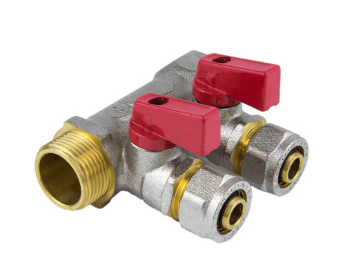 Коллектор латунь 3/4" ВР/НР на 4 вых Дн16 м/о 35мм обжим с шаровыми кранами, красные ручки для мп 7016 Aquasfera 7016-03
