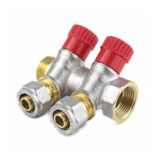 Коллектор латунь 3/4" ВР/НР на 3 вых Дн16 м/о 35мм обжим с регулирующими клапанами, красные ручки для мп 7018 Aquasfera 7018-02
