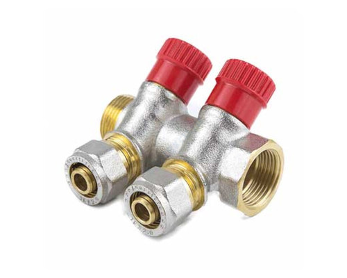Коллектор латунь 3/4" ВР/НР на 3 вых Дн16 м/о 35мм обжим с регулирующими клапанами, красные ручки для мп 7018 Aquasfera 7018-02