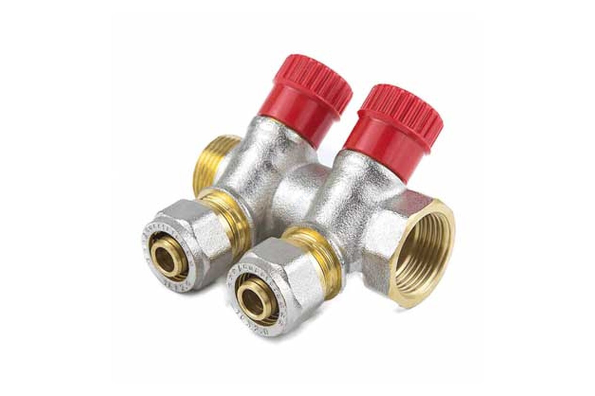Коллектор латунь 3/4" ВР/НР на 4 вых Дн16 м/о 35мм обжим с регулирующими клапанами, красные ручки для мп 7018 Aquasfera 7018-03