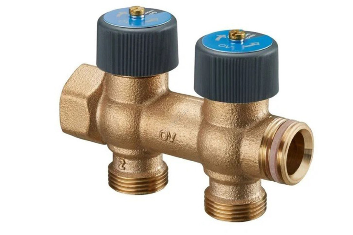 Коллектор бронза 3/4" ВР/НР на 2 вых 3/4" НР м/о 50мм под евроконус с запорными клапанами Multidis R Oventrop 4200552
