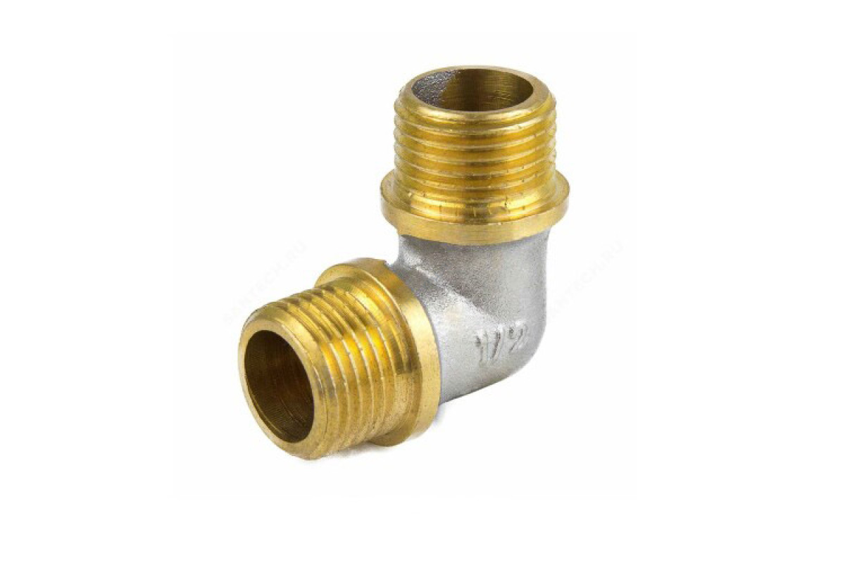 Угольник латунь никель реборда Ду 15 (1/2") НР/НР 9005 ГОСТ 32585-2013 Aquasfera