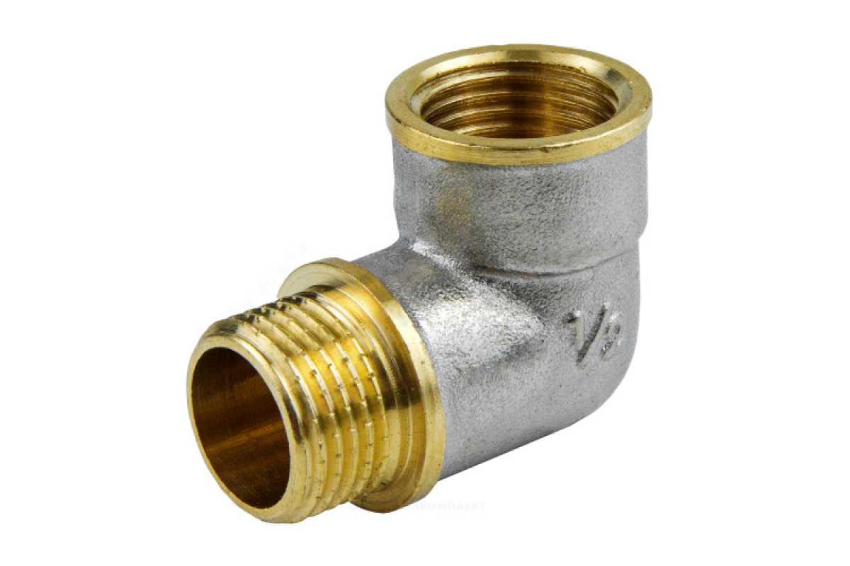 Угольник латунь никель реборда Ду 15 (1/2") ВР/НР 9006 ГОСТ 32585-2013 Aquasfera