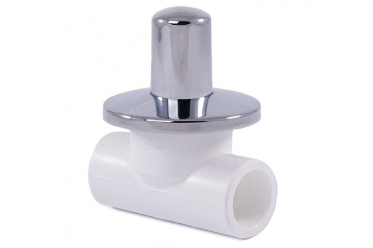 Клапан (вентиль) PP-R запорный белый хромированный внутренняя пайка Дн 20х90гр VALFEX 10154020