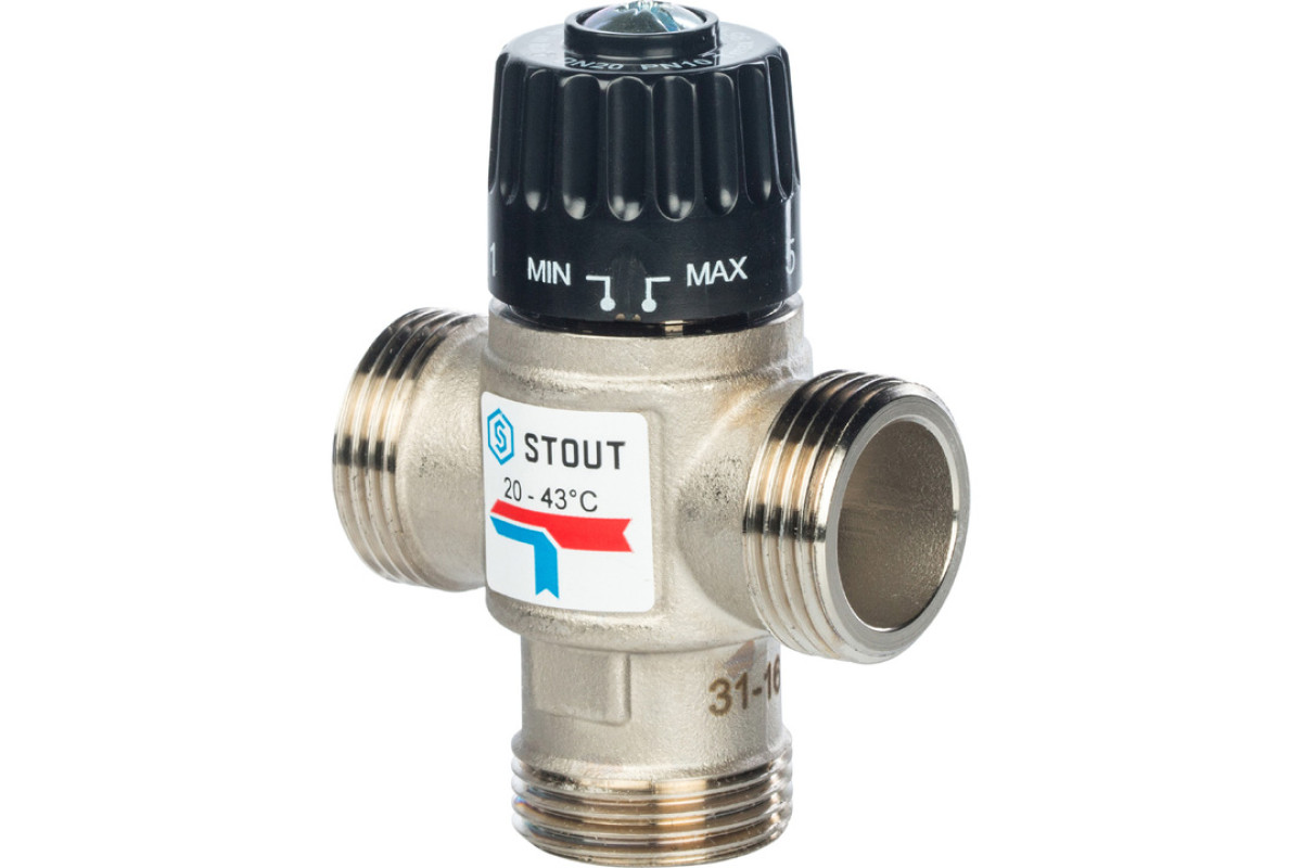 STOUT Термостатический смесительный клапан для систем отопления и ГВС. G1 НР 20-43°С KV 1,6