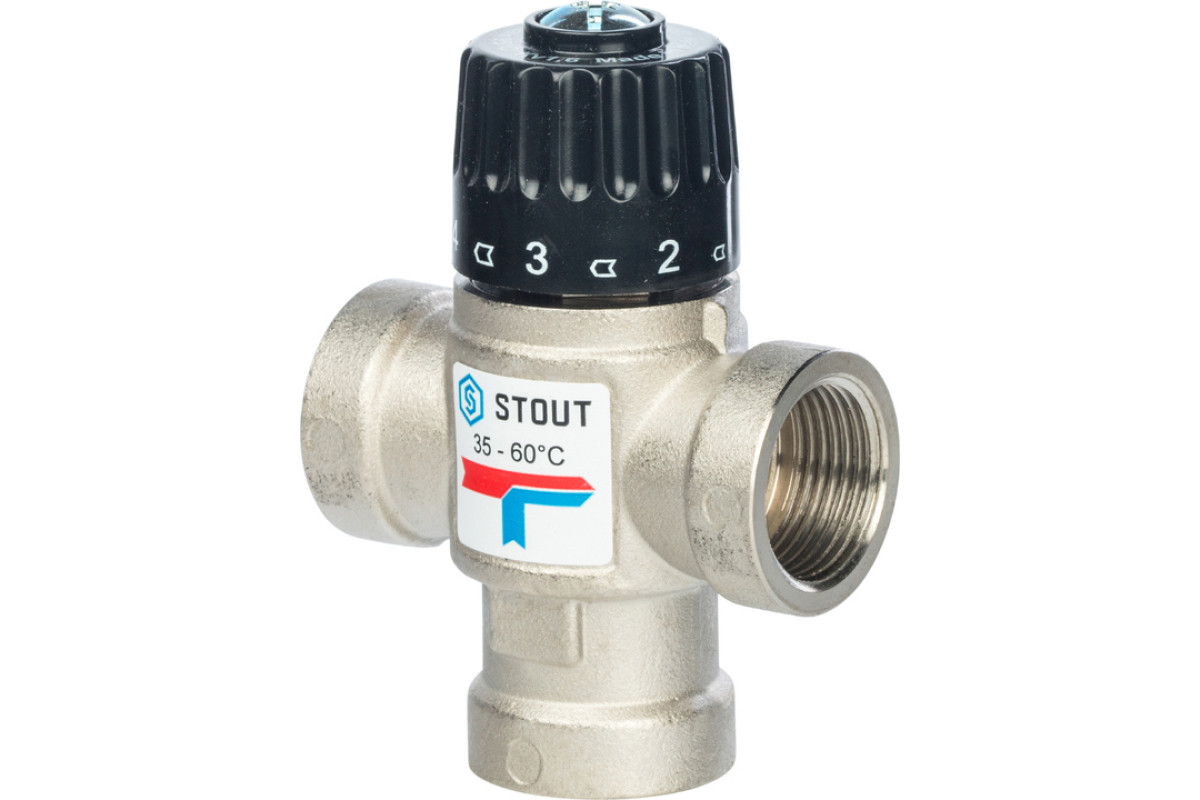 STOUT Термостатический смесительный клапан для систем отопления и ГВС 3/4"  ВР 35-60°С KV 1,6
