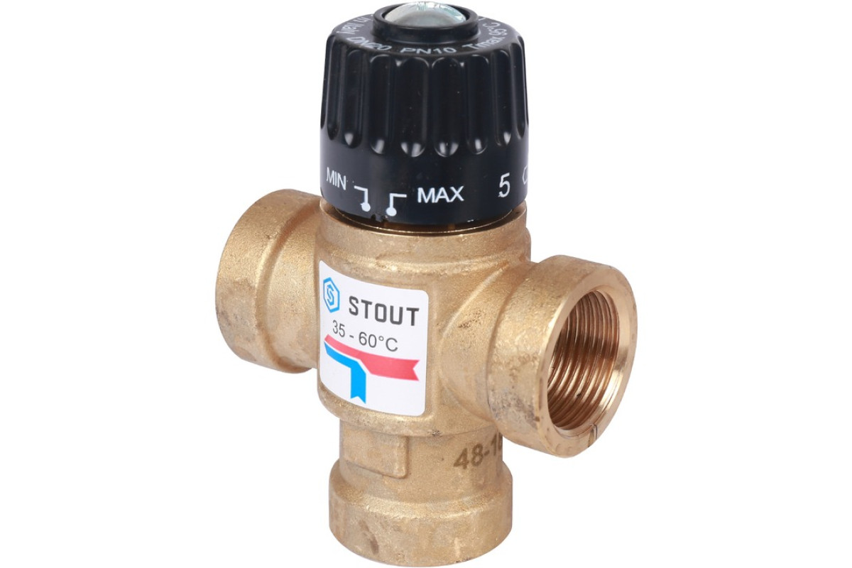 STOUT Термостатический смесительный клапан для систем отопления и ГВС 3/4"  ВР 35-60°С KV 1,6 SVM-0110-166020